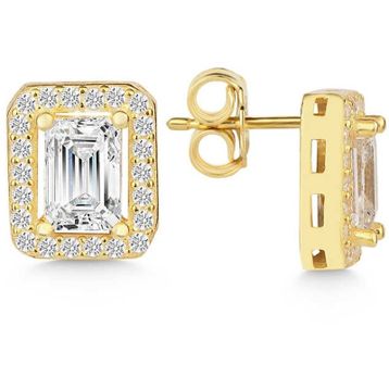 Gumush T7569 Gold Beyaz Baget Taşlı Çivili Kadın Gümüş Küpe