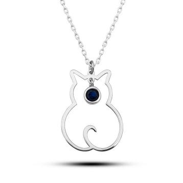 Gumush T8396 Gümüş Eylül Ayı Doğum Taşı Kedi Kadın Kolye