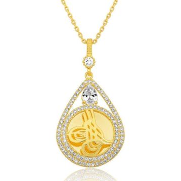 Gumush T8724 Gümüş Gold Kaplama Damla Tuğralı Kadın Kolye