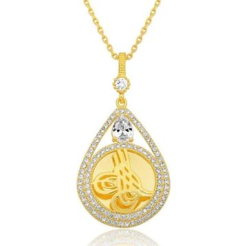 Gumush T8724 Gümüş Gold Kaplama Damla Tuğralı Kadın Kolye