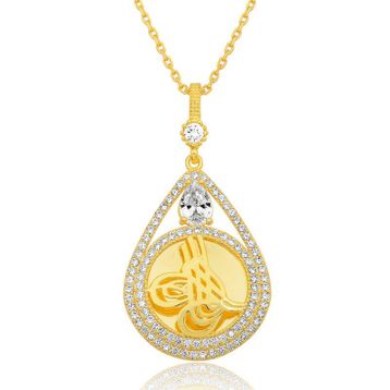 Gumush T8724 Gümüş Gold Kaplama Damla Tuğralı Kadın Kolye