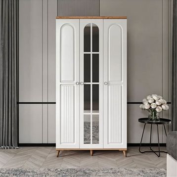 GuneyStore Bohem 3 Kapaklı Aynalı Atlantik Çam Beyaz Gardırop