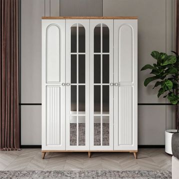 GuneyStore Bohem 4 Kapaklı Aynalı Atlantik Çam Beyaz Gardırop