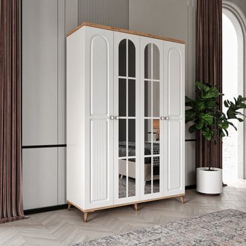 GuneyStore Bohem 4 Kapaklı Aynalı Atlantik Çam Beyaz Gardırop