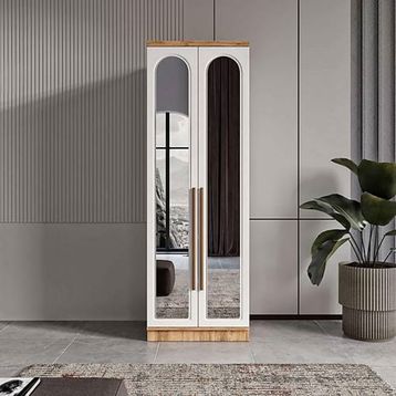 GuneyStore Flora 2 Kapaklı Aynalı Atlantik Çam Beyaz Gardırop