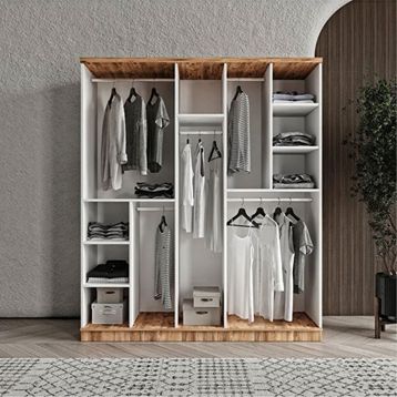 GuneyStore Flora 5 Kapaklı Aynalı Atlantik Çam Beyaz Gardırop