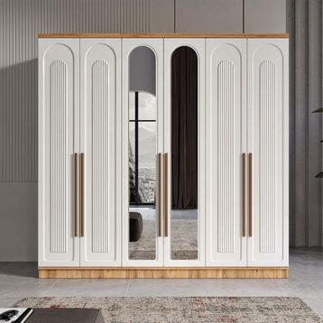 GuneyStore Flora 6 Kapaklı Aynalı Atlantik Çam Beyaz Gardırop