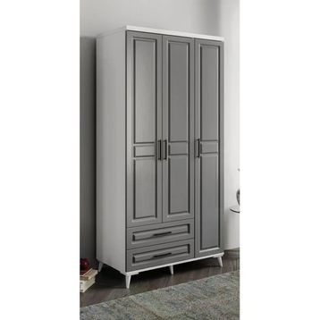 GuneyStore Gözde 3 Kapaklı Çekmeceli Antrasit Beyaz Gardırop