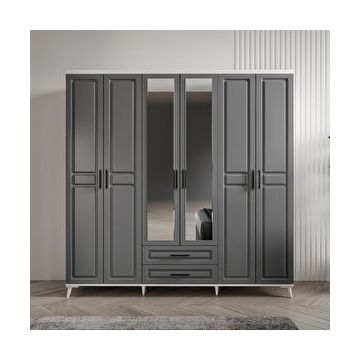 GuneyStore Gözde 6 Kapaklı Aynalı Komple MDF Antrasit Beyaz Gardırop