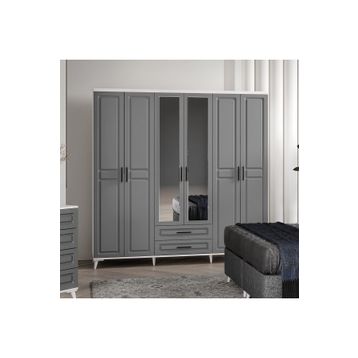 GuneyStore Gözde 6 Kapaklı Aynalı Komple MDF Antrasit Beyaz Gardırop