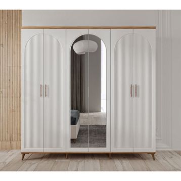 GuneyStore Nevada 6 Kapaklı Aynalı Atlantik Çam Beyaz Gardırop