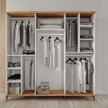 GuneyStore Nevada 6 Kapaklı Aynalı Atlantik Çam Beyaz Gardırop