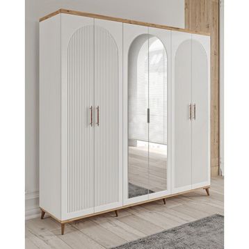 GuneyStore Nevada 6 Kapaklı Aynalı Atlantik Çam Beyaz Gardırop