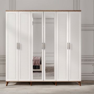 GuneyStore Paris 6 Kapaklı Aynalı Komple Mdf Atlantik Çam Beyaz Gardırop