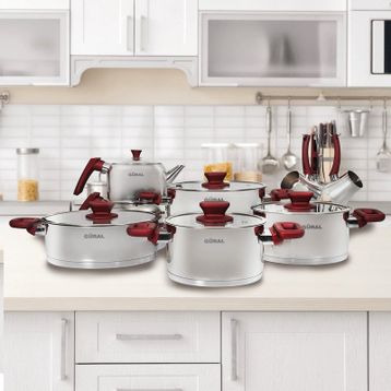 Güral Porselen Kırmızı 16 Parça Çelik Tencere Takımı