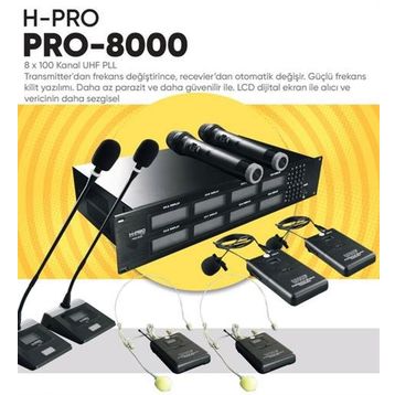H-Pro PRO-8000 2 El 2 Yaka 2 Kürsü 2 Headset 8'li Telsiz Mikrofon Sistemi