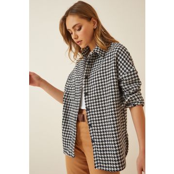 Happiness İst. BH00300 Kadın Beyaz Siyah Kazayağı Desen Oversize Yünlü Kaşe Gömlek Ceket