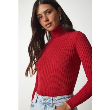 Happiness İst. BV00095 Kadın Kırmızı Balıkçı Yaka Fitilli Basic Kazak
