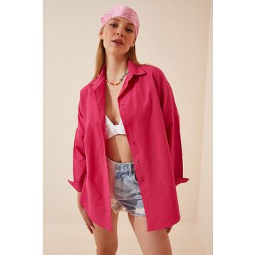 Happiness İst. DD00842 Kadın Koyu Pembe Oversize Uzun Basic Gömlek
