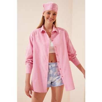 Happiness İst. DD00842 Kadın Pembe Oversize Uzun Basic Gömlek