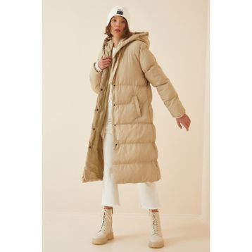 Happiness İst. FD00005 Krem Kapüşonlu Oversize Şişme Kadın Kaban