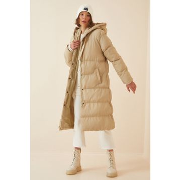 Happiness İst. FD00005 Krem Kapüşonlu Oversize Şişme Kadın Kaban