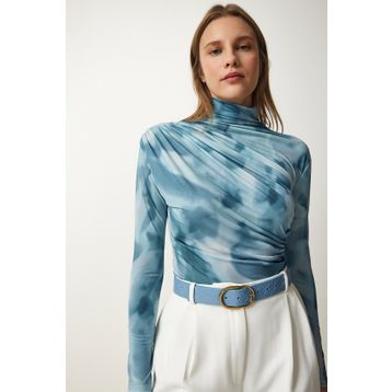 Happiness İst. FF00138 Kadın Açık Mavi Drapeli Dik Yaka Sandy Bluz