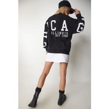 Happiness İst. HF00440 Kadın Siyah Baskılı Oversize Sweatshirt
