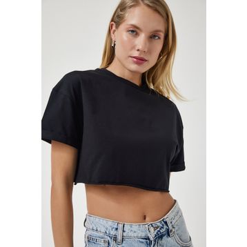 Happiness İst. Kadın Siyah Bisiklet Yaka Basic Crop Örme T-Shirt HW00004