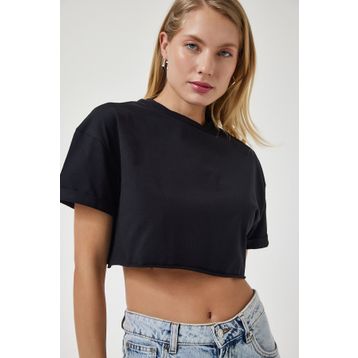 Happiness İst. Kadın Siyah Bisiklet Yaka Basic Crop Örme T-Shirt HW00004