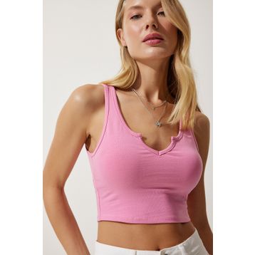 Happiness İst. OW00030 Kadın Pembe Askılı Crop Örme Bluz