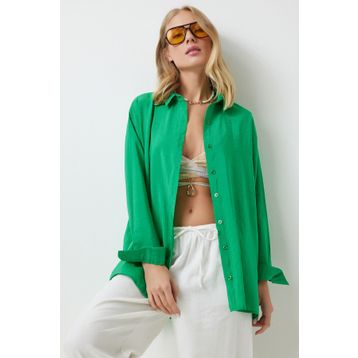 Happiness İstanbul TO00141 Yeşil Oversize Uzun Keten Ayrobin Kadın Gömlek