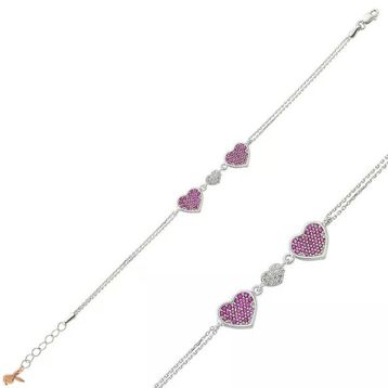 Harem Altın BR0460435 Pembe Üç Kalpli Gümüş Kadın Bileklik
