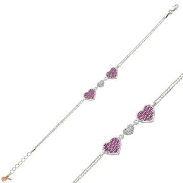 Harem Altın BR0460435 Pembe Üç Kalpli Gümüş Kadın Bileklik