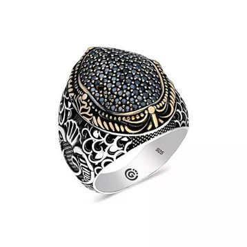Harem Altın Gümüş Siyah Zirkon Taşlı Oval Erkek Yüzük
