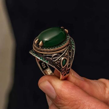 Harem Altın Gümüş Yeşil Akik Taşlı Erkek Yüzük
