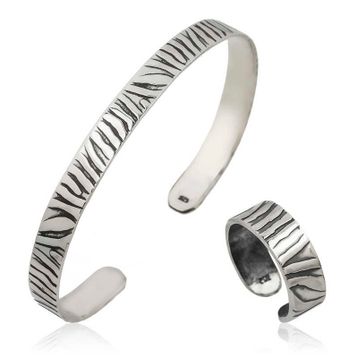 Harem Altın Gümüş Zebra Desenli Bileklik ve Yüzük Set