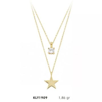 Harem Altın KLY1909 14 Ayar Altın Çift Zincir TekTaş Yıldız Kolye