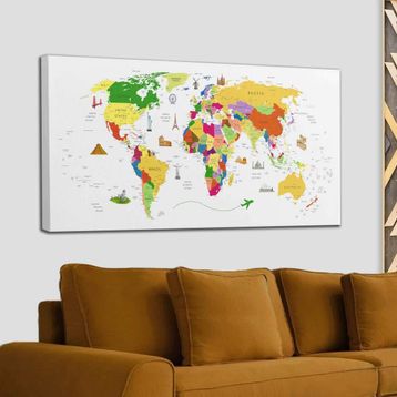Harita Sepeti 2287 Dünya Haritası Dekoratif Ülke ve Başkentli Öğretici ve Sembollü 95x55 cm Kanvas Tablo