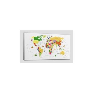 Harita Sepeti 2287 Dünya Haritası Dekoratif Ülke ve Başkentli Öğretici ve Sembollü 95x55 cm Kanvas Tablo
