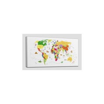 Harita Sepeti 2287 Dünya Haritası Dekoratif Ülke ve Başkentli Öğretici ve Sembollü 95x55 cm Kanvas Tablo