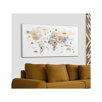 Harita Sepeti 2301 Dünya Haritası Dekoratif Ülke ve Başkentli Öğretici ve Sembollü 95x55 cm Kanvas Tablo