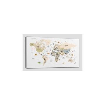 Harita Sepeti 2301 Dünya Haritası Dekoratif Ülke ve Başkentli Öğretici ve Sembollü 95x55 cm Kanvas Tablo