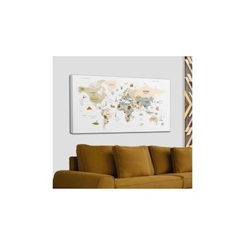 Harita Sepeti 2301 Dünya Haritası Dekoratif Ülke ve Başkentli Öğretici ve Sembollü 95x55 cm Kanvas Tablo