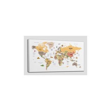 Harita Sepeti 2303 Dünya Haritası Dekoratif Ülke ve Başkentli Öğretici ve Sembollü 95x55 cm Kanvas Tablo