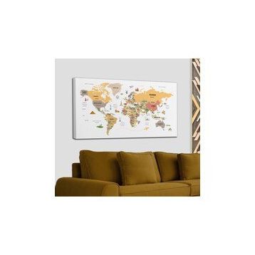 Harita Sepeti 2303 Dünya Haritası Dekoratif Ülke ve Başkentli Öğretici ve Sembollü 95x55 cm Kanvas Tablo