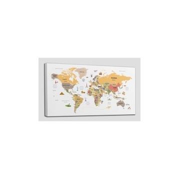 Harita Sepeti 2303 Dünya Haritası Dekoratif Ülke ve Başkentli Öğretici ve Sembollü 95x55 cm Kanvas Tablo