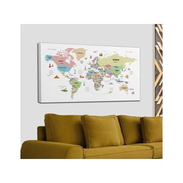 Harita Sepeti 2307 Dünya Haritası Dekoratif Ülke ve Başkentli Öğretici ve Sembollü 95x55 cm Kanvas Tablo