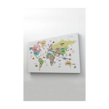 Harita Sepeti 2307 Dünya Haritası Dekoratif Ülke ve Başkentli Öğretici ve Sembollü 95x55 cm Kanvas Tablo