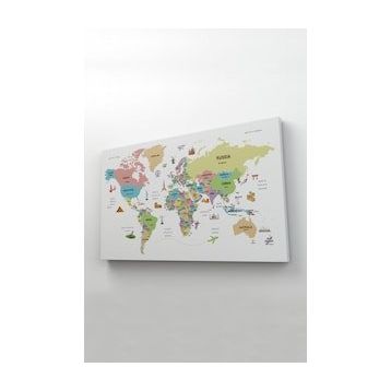 Harita Sepeti 2307 Dünya Haritası Dekoratif Ülke ve Başkentli Öğretici ve Sembollü 95x55 cm Kanvas Tablo